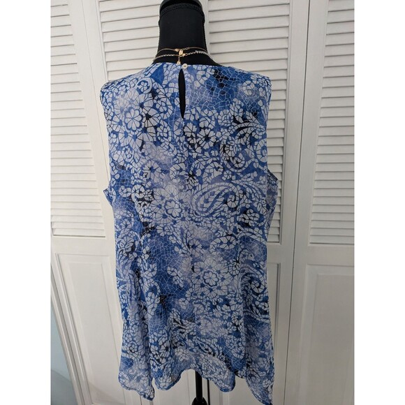 Fever Blouse Women 2X Blue Paisley Mosaic Chiffon Top Sleeveless Casual Coastal - Picture 6 of 12